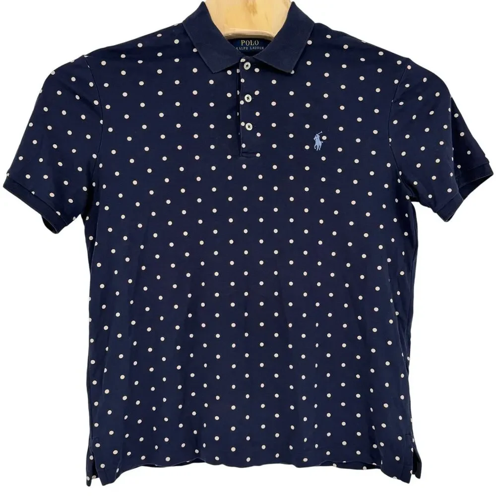 Polo Ralph Lauren Polo Shirt Mens Medium Blue Classic Fit Polka Dots Golf‎ Pony